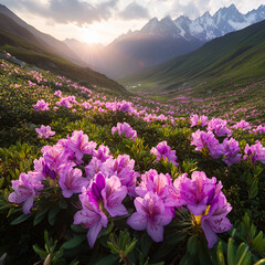 Obraz premium Blooming pink rhododendrons in scenic mountain valley nature photography serene environment majestic viewpoint