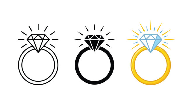 Diamond ring icon set representing jewelry, luxury, and sparkle in outline and solid variations