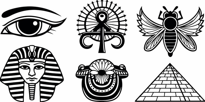 Egyptian Symbols Collection Black And White Vector Illustration
