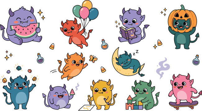 Cute Baby Devil Characters Collection Featuring Adorable Fantasy Monsters Halloween Creatures Magical Imps and Kawaii Cartoon Illustrations