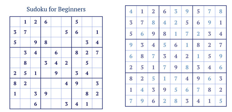 Sudoku puzzle for beginners with completed and empty grids  