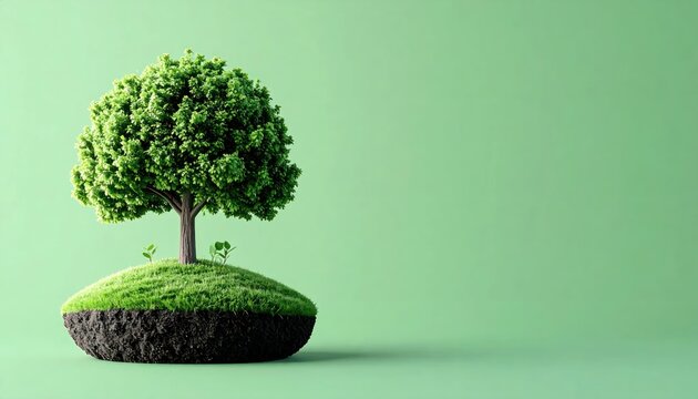 Small green tree growing on soil isolated on green.
