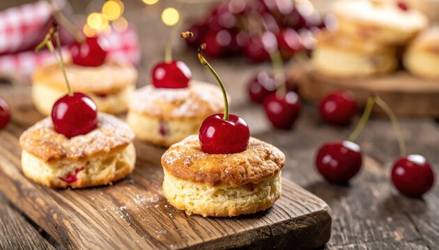 Small cherry tarts on rustic wooden surface.
