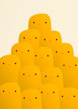 Whimsical illustration of a flock of cute yellow chicks