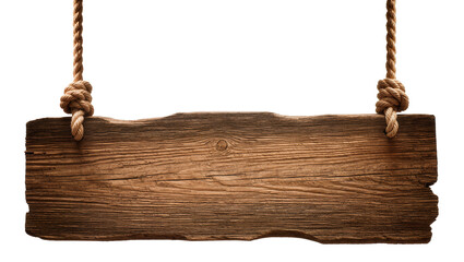 Rustic wooden plank sign with rough edges suspended by thick knotted ropes, isolated on transparent background © Daniel