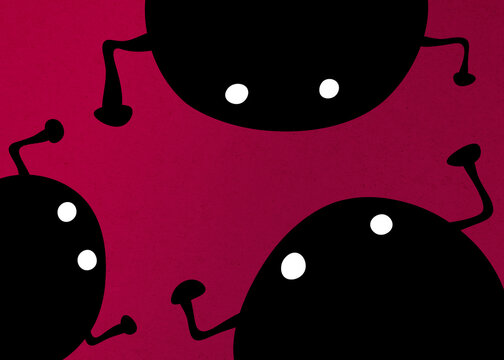 Cute black spider monster illustration on pink background