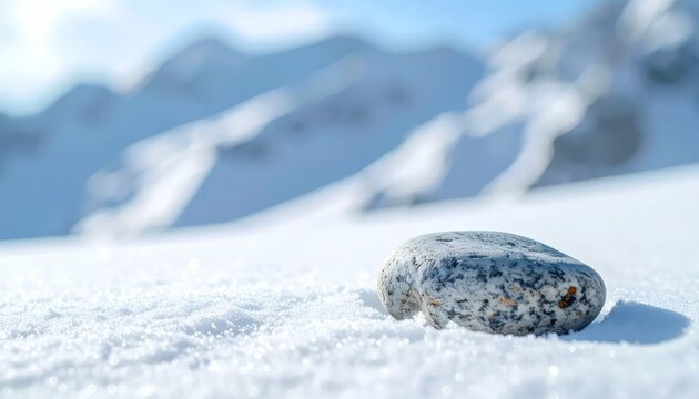 Small speckled rock on white snow with mountain background.