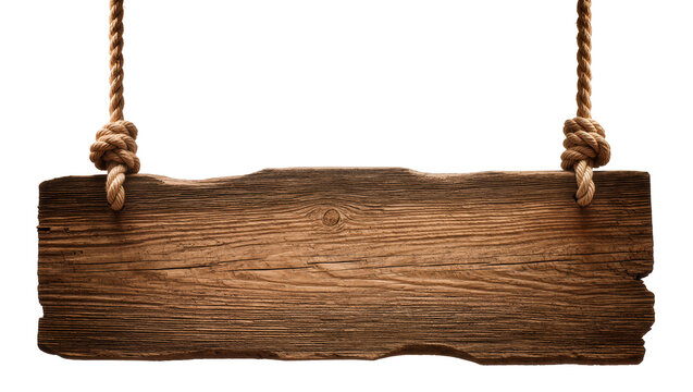 Rustic wooden plank sign with rough edges suspended by thick knotted ropes, isolated on transparent background