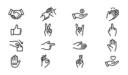 Fototapeta premium Hand gestures icon set line art illustrations for communication and concepts