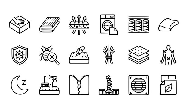 Sleep hygiene and mattress care linear icons set