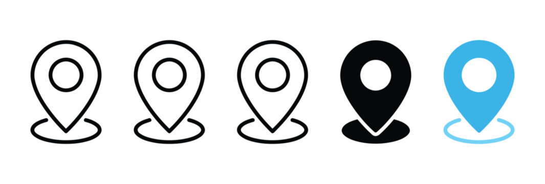 Location pin icon set representing navigation and map markers in outline and solid variations