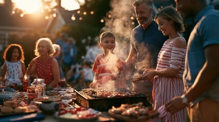 Fototapeta premium Family Gathering Celebrating 4th of July Outdoors with Barbecue and Laughter