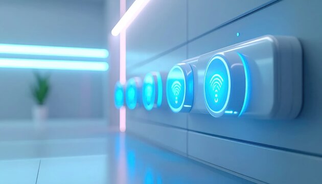 Smart home control panel with glowing wifi icons.