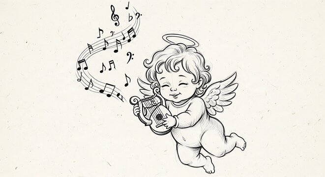 Cute cupid baby angel holding flute with musical notes in hand drawn sketch