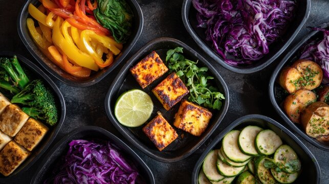 Healthy meal prep bowls with grilled tofu, lime and roasted vegetables for meal planning, menu design and colorful food background,National Tofu Day