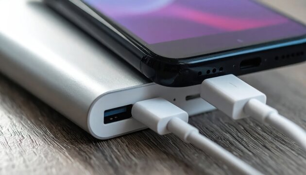 Smartphone charging with portable power bank on desk.
