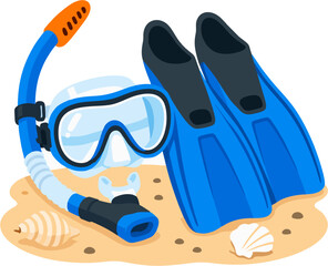 Snorkeling Equipment Illustration with Mask, Snorkel and Swim Fins on Sandy Beach for Underwater Adventure © Indrart