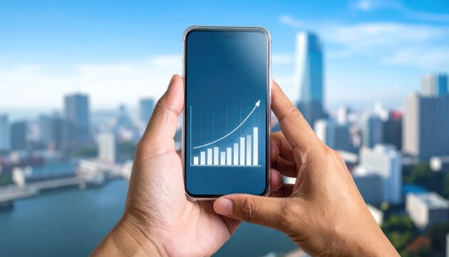Smartphone showing upward business growth graph over city skyline.