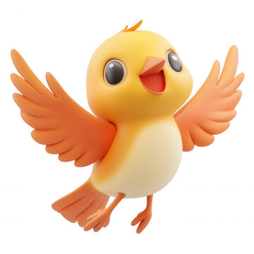 Cheerful 3d cartoon bird mascot happily greeting and welcoming animated character symbolizing happiness and spring