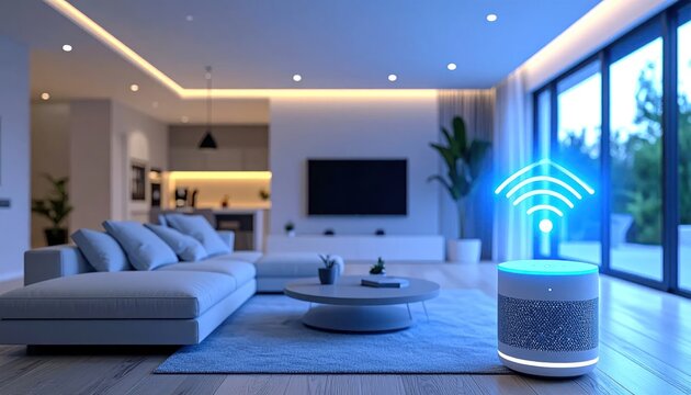 Smart speaker assistant in connected living room.