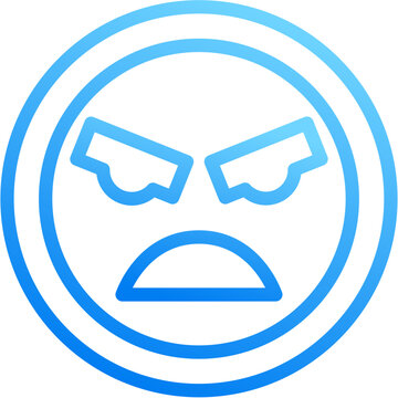 Angry icon with blue gradient stroke outline for angry face emotion mad rage upset mood expression emoji grumpy frustrated annoyed fury on transparent background