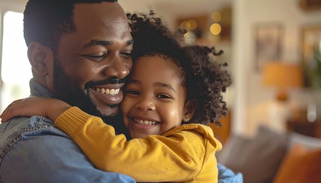 Smiling African American father and daughter hugging at home.