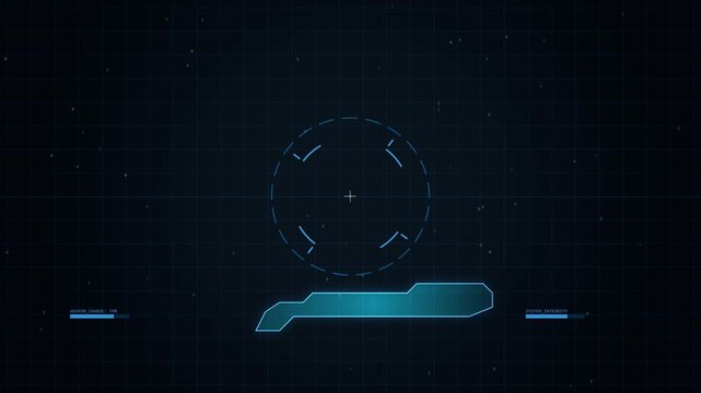Futuristic digital interface with rotating circular hud element and glowing base