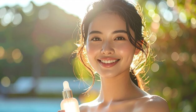 Smiling Asian woman with skincare bottle.