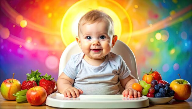 Smiling baby in high chair with fresh fruit.