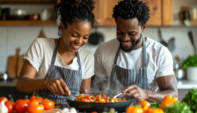 Smiling Black couple cooking healthy meal together in kitchen.