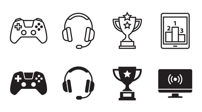 Gaming and esports icon set featuring gamepad headset trophy and ranking interface elements controller entertainment