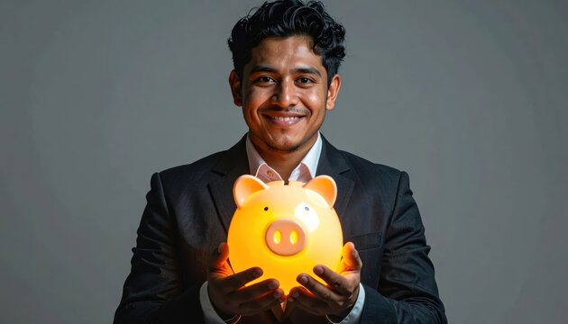 Smiling businessman holding glowing piggy bank for investment growth.