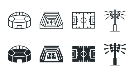 Fototapeta premium Professional sports stadium and field venue icons set with football floodlight lighting silhouette pictogram