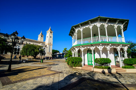 View of St. Philip the Apostle Cathedral against clear blue sky during sunny day, Puerto Plata, Dominican Republic