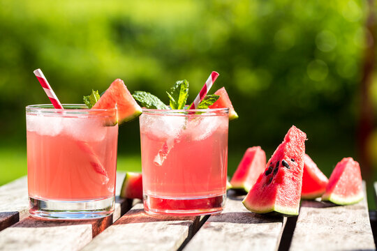 Watermelon-Hugo, Mojito in glasses with drinking straw