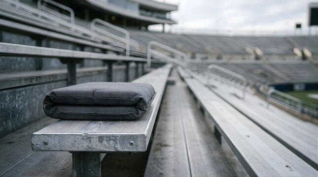 Cushioned seat pad placed on aluminum bleachers in an empty sports arena