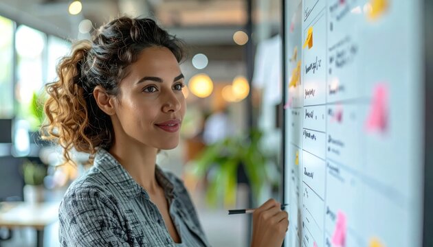 Smiling businesswoman standing by office whiteboard with notes.
