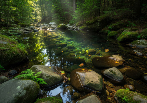 A serene and clear cold spring water pool surrounded by mossy rocks and lush green ferns in a peaceful forest landscape with soft sunlight filtering.