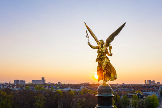 Germany, Bavaria, Munich, Drone view of Angel of Peace monument at sunrise
