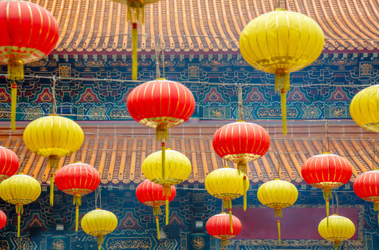 Decorative Lanterns in Front of a Buddhist Temple