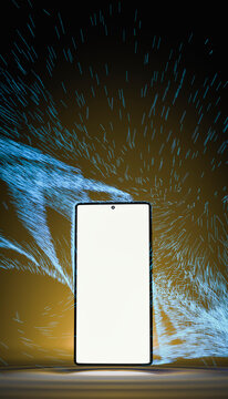 Blank smartphone screen with dynamic blue light particles