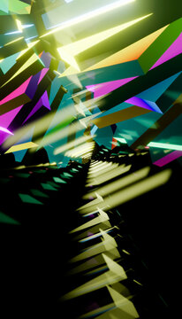 Abstract 3d rendering with glowing geometric prisms