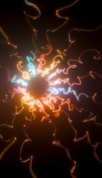 Abstract glowing neon light streaks radiating in dark space