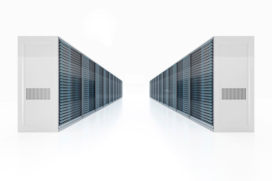 3D rendered illustration of server racks against white background