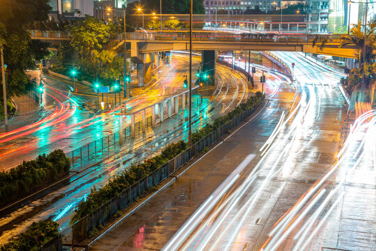 Heavy Traffic at a Hong Kong Intersection at Night