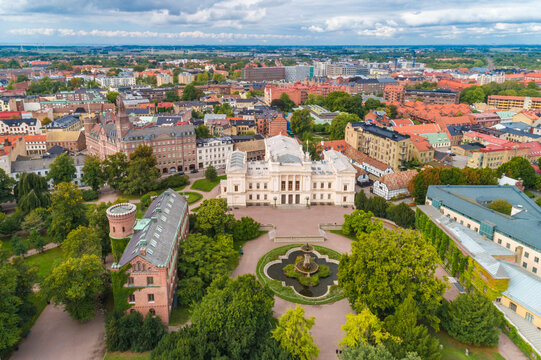 Sweden, Scania, Lund, Aerial view of Lund University and surrounding old town buildings