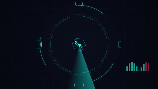 Futuristic digital interface with rotating radar scan and data visualization on dark screen