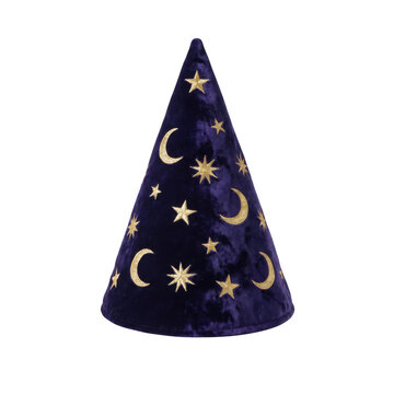 Purple velvet wizard hat with gold moon and star patterns as isolated on transparent background
