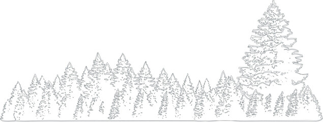 Line art illustration of a dense forest with various pine trees © Asad