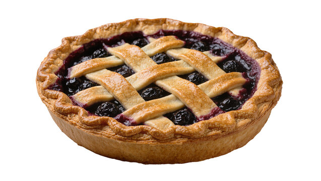 Golden brown lattice crust blueberry pie bursting with fruit filling, isolated on transparent background